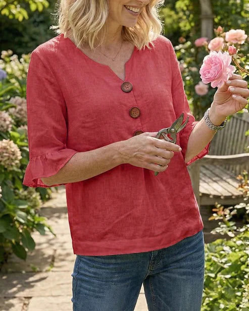 Sofía- Blusa con botones de madera y volantes