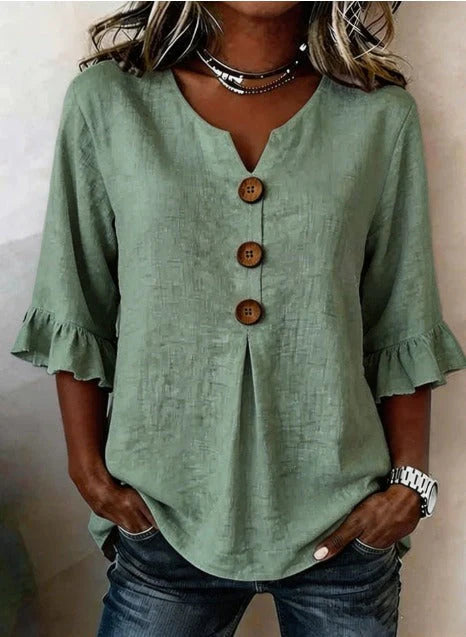 Sofía- Blusa con botones de madera y volantes